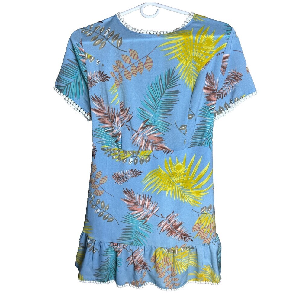 Tropical Palm Leaf Mini Dress by Entro Sz L Blue & Yellow Lattice Cage Back Boho